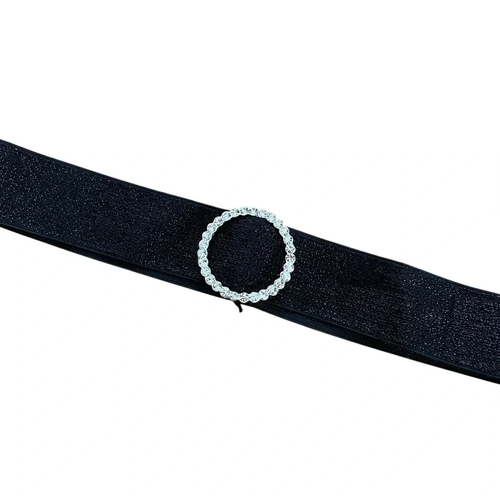 By Debra Belt Black Silver Glitter Shimmer CZ Removable Buckle Elastic Stretch